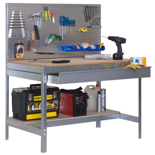 Etabli atelier Bois Métal avec panneau porte outils et tiroir de rangement  1440x900x600mm galva 2 niveaux agglo 400kg en kit (BT-2 BOX 900)