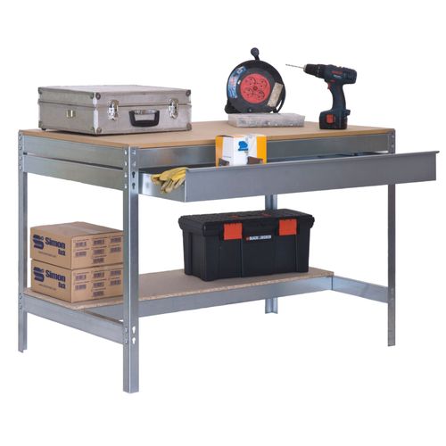 Etabli atelier Lourde Charge avec tiroir de rangement 840x900x600mm galva 2 niveaux agglo 400kg en kit (BT-3 BOX 900)
