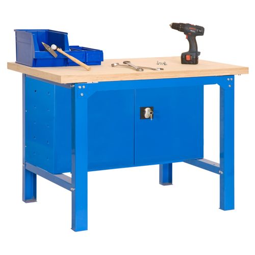 ETABLI PRO Bois Métal avec armoire métallique de rangement 865x1200x750mm bleu 1 niveau agglo 800kg en kit