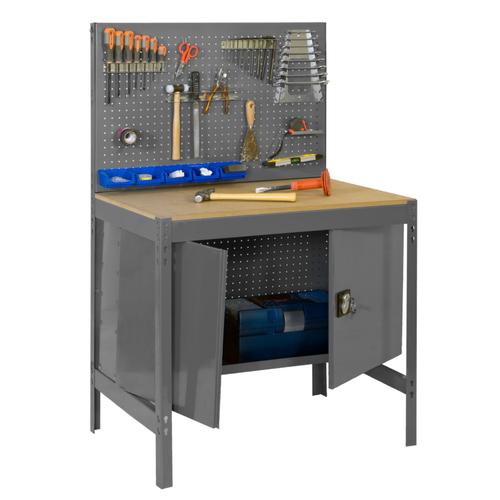 ETABLI Atelier Bois Métal avec panneau porte outils et armoire métallique 1440x900x600mm gris 1 niveau agglo 400kg en kit