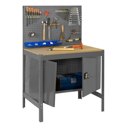 ETABLI Atelier Bois Métal avec panneau porte outils et armoire métallique 1440x1200x600mm gris 1 niveau agglo 600kg en kit