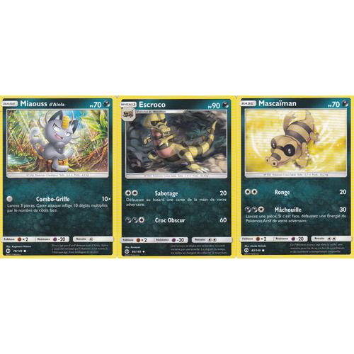 3 Cartes Pokemon - Escroco 84/149 + Miaouss D'alola 78/149 + Mascaiman 83/149 - Soleil Et Lune -