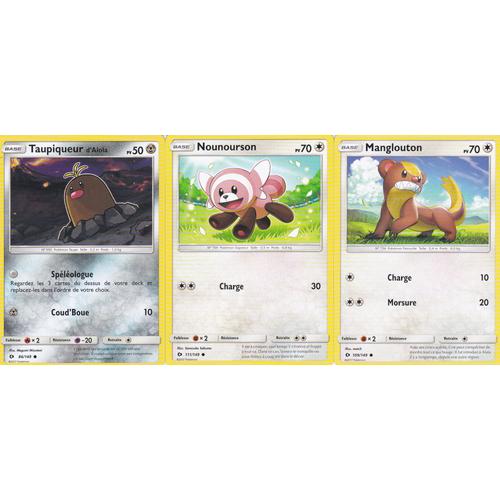 3 Cartes Pokemon - Nounourson 111/149 + Manglouton 109/149 + Taupiqueur D'alola 86/149 - Soleil Et Lune -