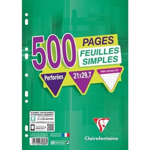 Clairefontaine Feuilles Simples Blanches Perforées 210 X 297 - 500 Pages - 90 G