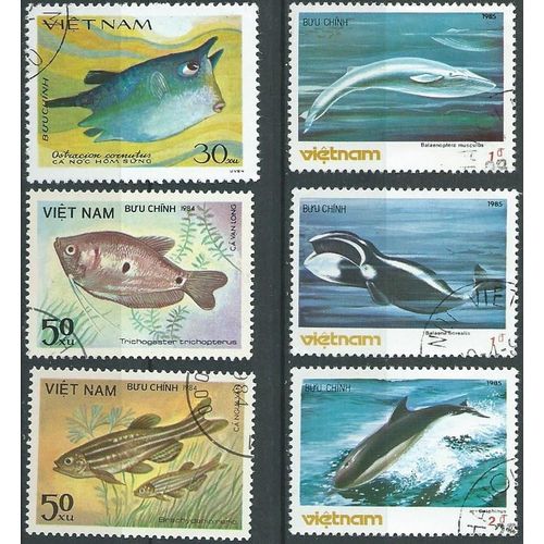 Lot De Six Timbres Poissons Et Mamifères Marins Viet Nam 1984/1985 (P5)