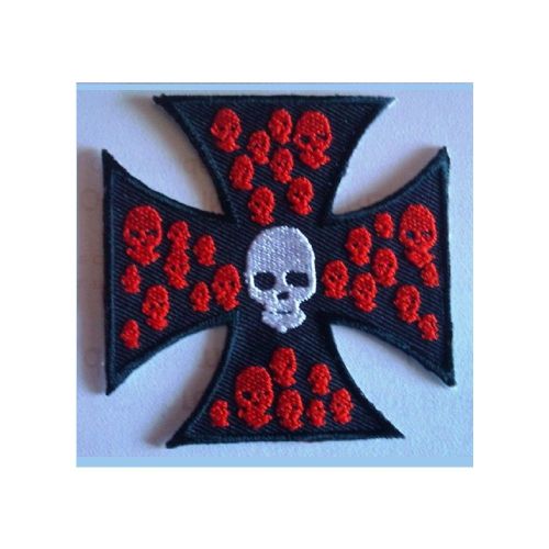 Patch Croix De Malte Noir Petit Crane Rouge Ecusson Biker