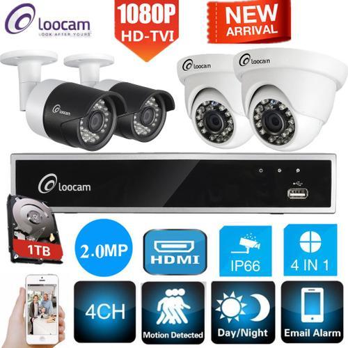 Doree LOOCAM 1080P HD TVI 4CH DVR 4x2.0MP (1920 * 1080P) Kit de sécurité pour domicile CCTV pour caméras résistant aux intempéries 1TB HDD (vision nocturne IR, détection de mouvement)
