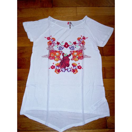 T-Shirt Tee Shirt Manches Courtes Col Rond Blanc Motif Cheval Et Fleurs Rouge Et Orange Orchestra Taille 14 Ans