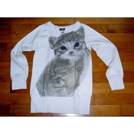 Sweat Shirt Pull Manches Longues Col Rond Blanc Motif Chaton Gris H&m Taille 8 Ans