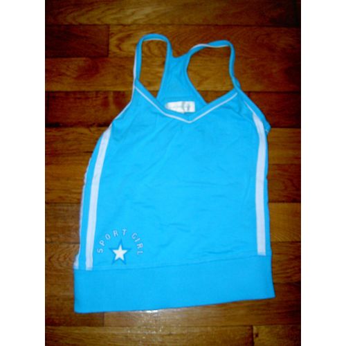 Débardeur Sans Manche Col En V Bleu Azur Et Blanc Ici Et Maintenant Motif Sport Girl Avec Petite Étoile Dans Le Dos Taille 14 Ans