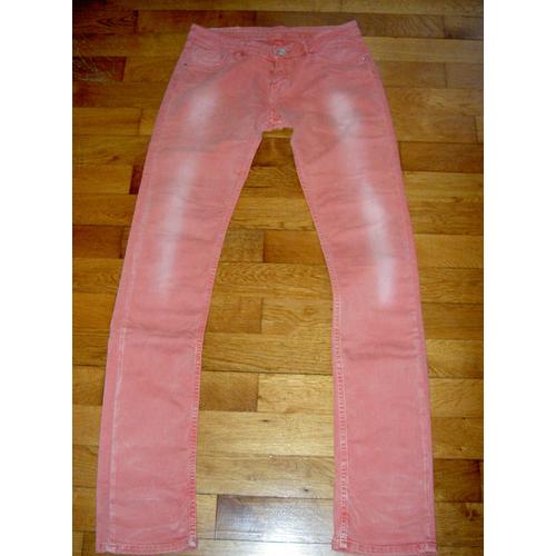 Pantalon Jean Coupe Slim Couleur Corail Vieilli (Rouge-Orange) Kaporal Modèle Yam Taille 16 Ans