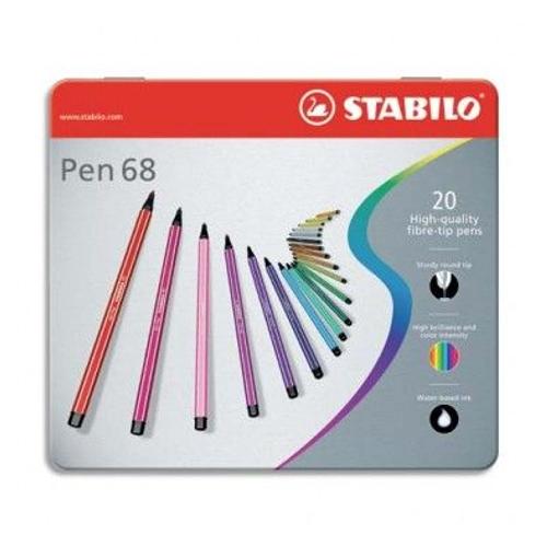 Stabilo Boîte Métal 20 Feutres Pen68. Pointe Moyenne. Coloris Assortis