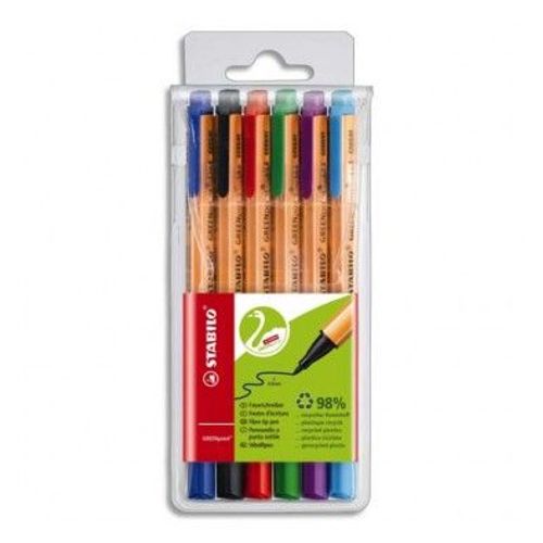 Stabilo Pochette 6 Stylos Feutres Greenpoint Assortis, Noir, Bleu, Rouge, Vert, Lilas, Turquoise. Pointe 0,8 Mm