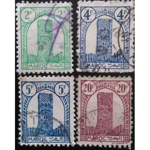 Lot 4 Timbres Maroc - Architecture/Bâtiments - 08/1943 Hassan Tower, Rabat