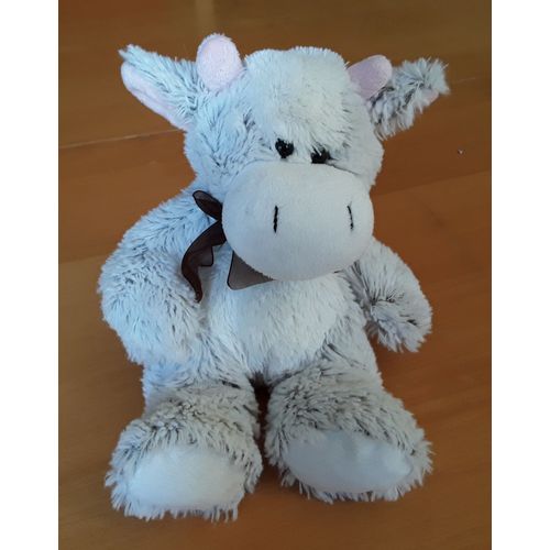 Peluche Doudou Vache Beige Et Blanc Avec Ruban Marron