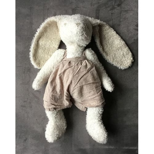 Doudou Lapin Blanc Beige Salopette Marron Étoiles Beige 36 Cm Cyrillus