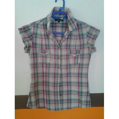 Chemise Gémo Carreaux Gris Violet Manches Courtes 34