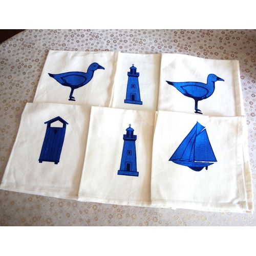 Lot De 6 Serviettes De Table Décor Mouette, Phare, Bateau, Cabine De Plage