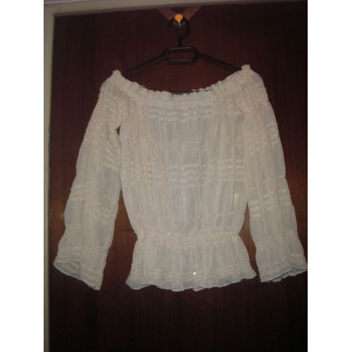 Top Manches Longues, Transparent, Froncé, Brodé, Paré De Fines Rondelles Scintillantes Cousues Ramatuel ( Monaco ), Fabrication Française, Taille Unique, Coloris Crème Pailleté,100% Polyester.