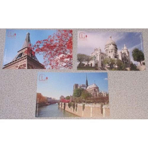 Trois Mini Images De Paris : Notre-Dame Et La Seine/Le Sacré-Coeur/La Tour Eiffel - 12.5x8cm - Marnat-Friedberg-Fotolia - Discrète Mention La Mie De Pain Sur Le Coin Gauche