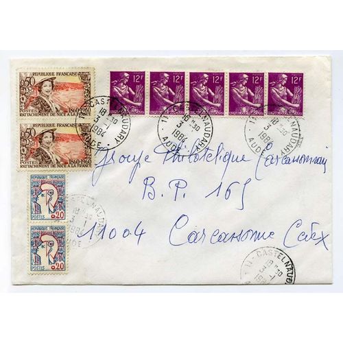 Superbe Enveloppe De 1984 Affranchie Avec Timbres En Anciens Et Nouveaux Francs (Nice, Moissonneuse, Marianne) - Envoyée De Castelnaudary À Carcassonne (Aude)