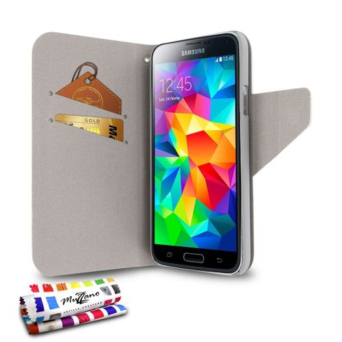 Etui A Rabat Samsung Galaxy S5 "Folio Uv Premium" Blanc White Cuir Similu (Pu) Business Design (B14)