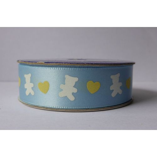 Ruban Satin Bleu Imprimé Oursons Et Coeurs