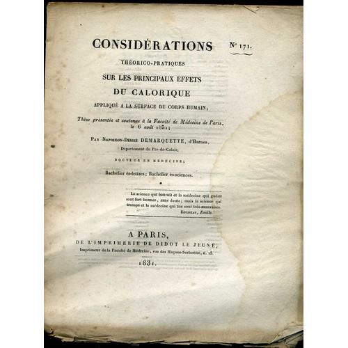 Considérations Théorico-Pratiques Sur Les Principaux Effets Du Calorique Appliqué À La Surface Du Corps Humain (Thèse) 1831