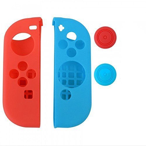 1 Paire De Coque De Protection Silicone + Silicone Et Thumb Grips Caps Gel Avec Conception Ergonomique Anti-Slip - Protecteur En Caoutchouc Pour Nintendo Switch Joy-Con - Bleu & Rouge