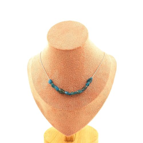 Collier 10 Perles Apatite Bleu Du Brésil. Chaine En Acier Inoxydable Collier Femmes, Hommes. Taille Personnalisable.