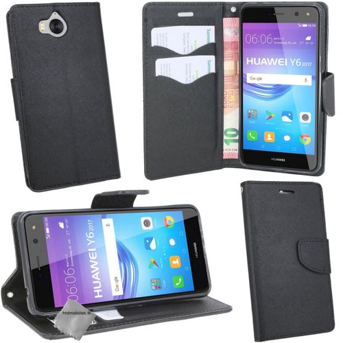 Housse Etui Coque Pochette Portefeuille Pour Huawei Y5 Et Y6 (2017) + Verre Trempe - Noir / Noir