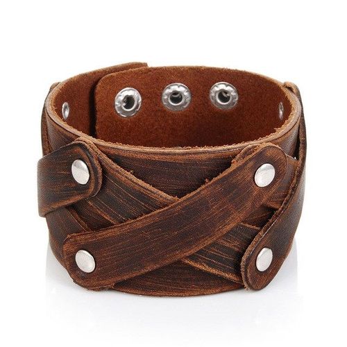 Bracelet Cuir Homme Force Manchette Large Marron Used Croise Style Rock Punk Fashion