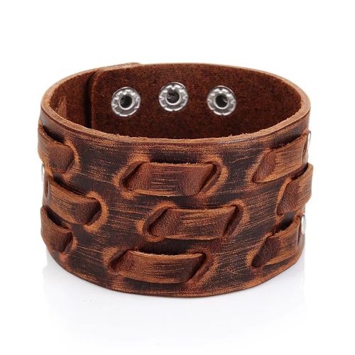 Bracelet Cuir Homme Force Manchette Large Marron Used Lanière Style Rock Punk Fashion