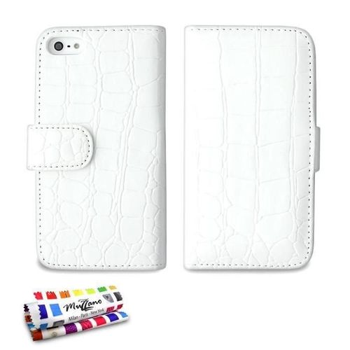 Etui A Rabat Iphone 5 5s Se Croco Chic Blanc Cuir Simili Luxury Design (B44)