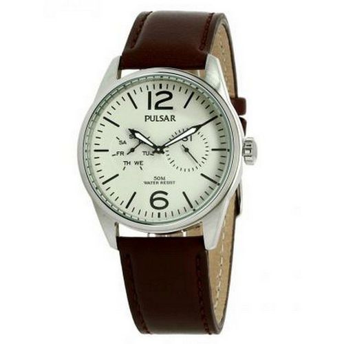 Montre Pulsar Homme Bracelet Marron Fond Champagne Etanche 5 Bars Cadrans Jours Et Date