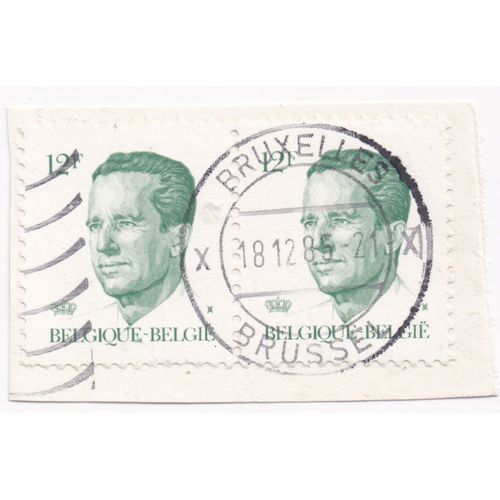 Timbre Belgique, België : 2 Timbres Roi Baudouin 1er, Vert, 12 Francs Belges