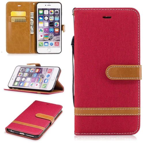 Apple Iphone 6 Plus / 6s Plus 5.5" Coque, Saturcase Premium Jeans Style Denim Et Pu Cuir Magnétique Flip Portefeuille Support Porte-Carte Protecteur Case Cover Coque Housse Étui Avec Dragonne Pour Apple Iphone 6 Plus / 6s Plus 5.5" (Rouge)