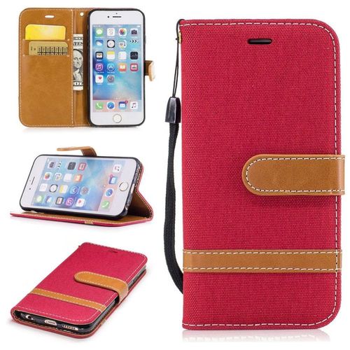 Apple Iphone 6 6s Coque, Saturcase Premium Jeans Style Denim Et Pu Cuir Magnétique Flip Portefeuille Support Porte-Carte Protecteur Case Cover Coque Housse Étui Avec Dragonne Pour Apple Iphone 6 6s (Rouge)