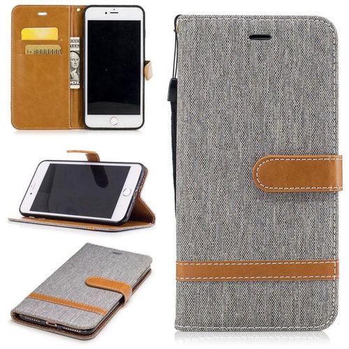 Apple Iphone 7 Plus Coque, Saturcase Premium Jeans Style Denim Et Pu Cuir Magnétique Flip Portefeuille Support Porte-Carte Protecteur Case Cover Coque Housse Étui Avec Dragonne Pour Apple Iphone 7 Plus (5.5 Inch) (Gris)