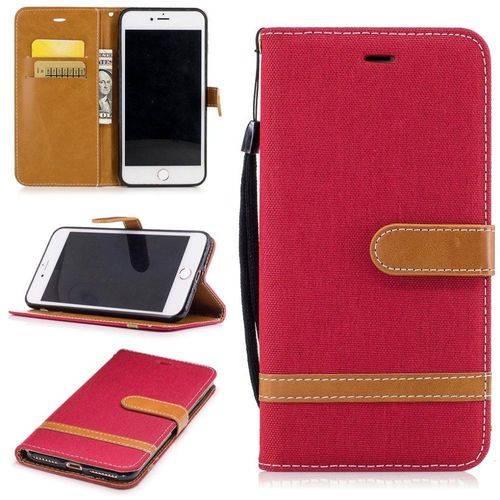 Apple Iphone 7 Plus Coque, Saturcase Premium Jeans Style Denim Et Pu Cuir Magnétique Flip Portefeuille Support Porte-Carte Protecteur Case Cover Coque Housse Étui Avec Dragonne Pour Apple Iphone 7 Plus (5.5 Inch) (Rouge)