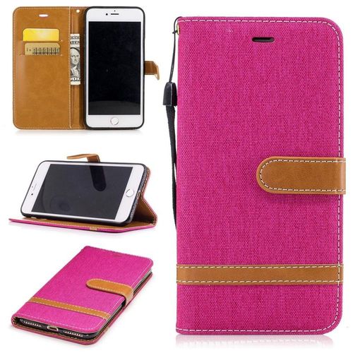 Apple Iphone 7 Plus Coque, Saturcase Premium Jeans Style Denim Et Pu Cuir Magnétique Flip Portefeuille Support Porte-Carte Protecteur Case Cover Coque Housse Étui Avec Dragonne Pour Apple Iphone 7 Plus (5.5 Inch) (Rose)