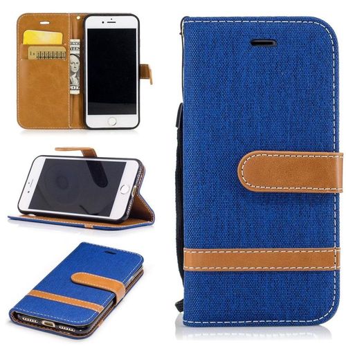 Apple Iphone 7 Coque, Saturcase Premium Jeans Style Denim Et Pu Cuir Magnétique Flip Portefeuille Support Porte-Carte Protecteur Case Cover Coque Housse Étui Avec Dragonne Pour Apple Iphone 7 (Bleu)