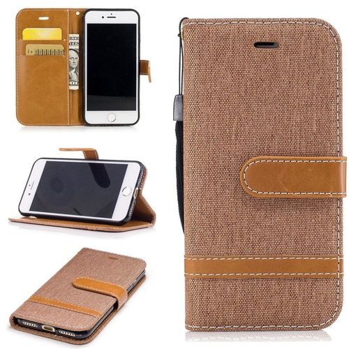 Apple Iphone 7 Coque, Saturcase Premium Jeans Style Denim Et Pu Cuir Magnétique Flip Portefeuille Support Porte-Carte Protecteur Case Cover Coque Housse Étui Avec Dragonne Pour Apple Iphone 7 (Brun)