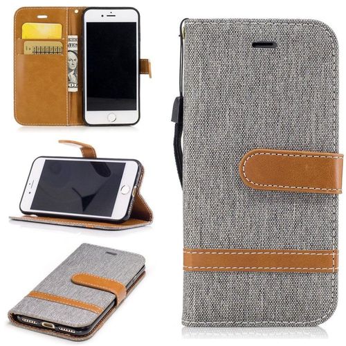 Apple Iphone 7 Coque, Saturcase Premium Jeans Style Denim Et Pu Cuir Magnétique Flip Portefeuille Support Porte-Carte Protecteur Case Cover Coque Housse Étui Avec Dragonne Pour Apple Iphone 7 (Gris)