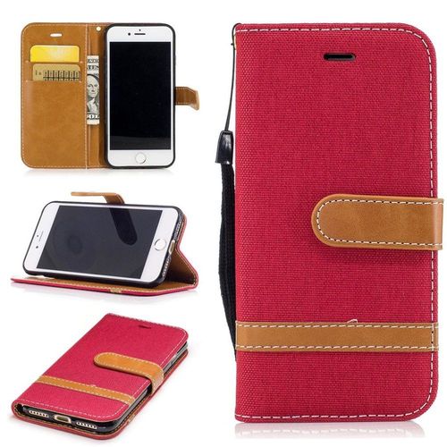 Apple Iphone 7 Coque, Saturcase Premium Jeans Style Denim Et Pu Cuir Magnétique Flip Portefeuille Support Porte-Carte Protecteur Case Cover Coque Housse Étui Avec Dragonne Pour Apple Iphone 7 (Rouge)
