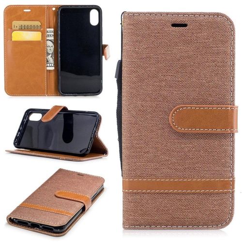 Apple Iphone X / Xs Coque, Saturcase Premium Jeans Style Denim Et Pu Cuir Magnétique Flip Portefeuille Support Porte-Carte Protecteur Case Cover Coque Housse Étui Avec Dragonne Pour Apple Iphone X / Xs (Brun)