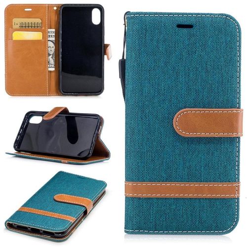 Apple Iphone X / Xs Coque, Saturcase Premium Jeans Style Denim Et Pu Cuir Magnétique Flip Portefeuille Support Porte-Carte Protecteur Case Cover Coque Housse Étui Avec Dragonne Pour Apple Iphone X / Xs (Vert)