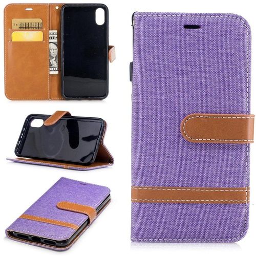 Apple Iphone X / Xs Coque, Saturcase Premium Jeans Style Denim Et Pu Cuir Magnétique Flip Portefeuille Support Porte-Carte Protecteur Case Cover Coque Housse Étui Avec Dragonne Pour Apple Iphone X / Xs (Violet)