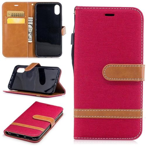 Apple Iphone X / Xs Coque, Saturcase Premium Jeans Style Denim Et Pu Cuir Magnétique Flip Portefeuille Support Porte-Carte Protecteur Case Cover Coque Housse Étui Avec Dragonne Pour Apple Iphone X / Xs (Rouge)