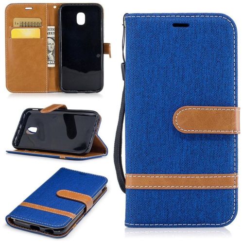 Saturcase Premium Jeans Style Denim Et Pu Cuir Magnétique Flip Portefeuille Support Porte-Carte Protecteur Case Cover Coque Housse Étui Avec Dragonne Pour Samsung Galaxy J3 (2017) Sm-J330f (Bleu)